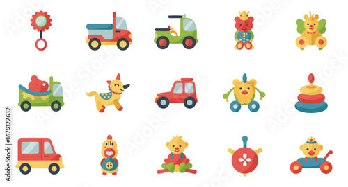 Charming flat baby toys collection with cute animals and colorful vehicles