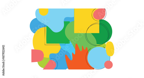 Vibrant abstract composition featuring organic shapes, geometric figures and sketchy line work delivering a sense of playful contemporary design