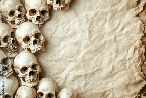 Mysterious Artifacts: A cluster of intricately detailed skulls surround an aged parchment, hinting at ancient knowledge, forgotten rituals, or dark secrets.