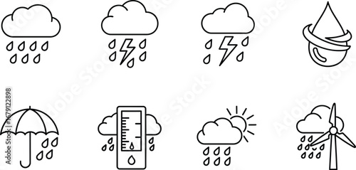 Illustrations of weather elements, including rain, clouds, sun, and wind, isolated on a white background