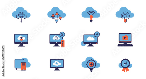 Cloud technology icons set featuring computers, networks, and communication