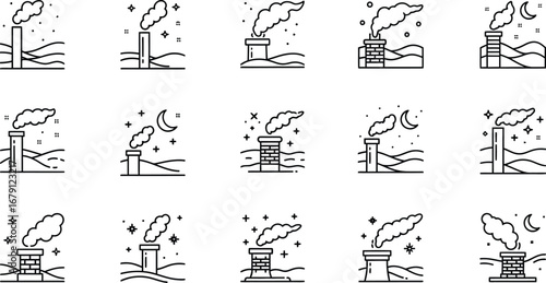 Illustrations of factories emitting smoke into the night sky, highlighting pollution isolated on a white background