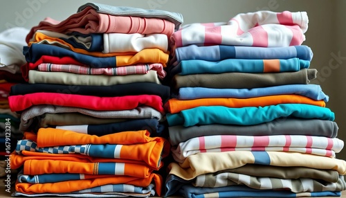 Neatly folded stacks of diverse secondhand clothing,  recycled,  bargain