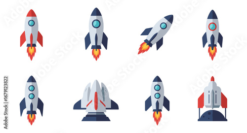 Set of flat rocket icons with different designs and styles
