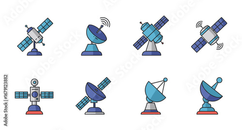 Colorful icon set of satellite dishes and spacecraft elements on white background