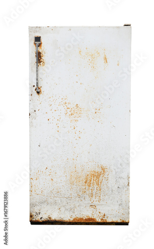 Rusty white refrigerator door with faded paint and stains on the surface isolated on white background.
