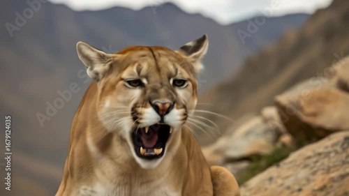 Wild cougar with open mouth showing teeth against mountain backdrop