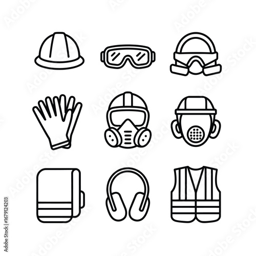 Set of vector icons for safety equipment and personal protective gear line art silhouette vector illustration white background