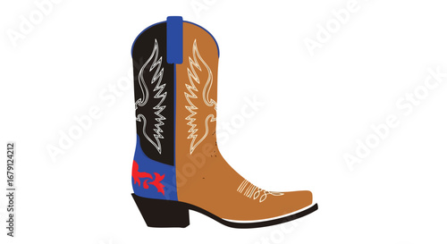 Stylized cowboy boot illustration with intricate designs and bold color contrasts, offering a modern take on western footwear symbolism for creative