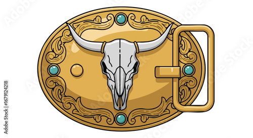 Ornamental belt buckle featuring a bull skull and turquoise-colored decorative elements in a stylized, cartoon-like illustration