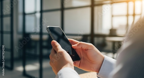 Person holding a smartphone in modern office with sunlight streaming through windows