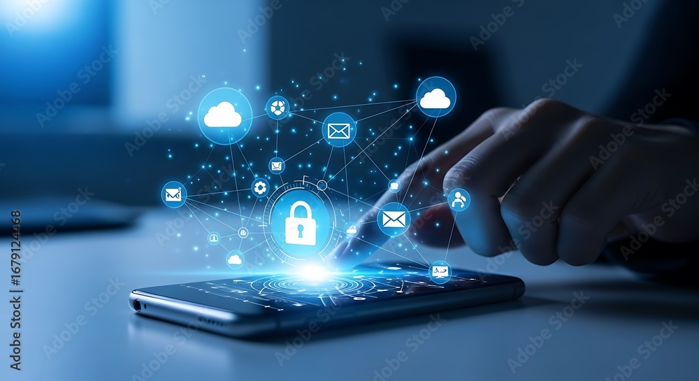 Fototapeta premium Secure mobile technology hand touching smartphone with digital network security icons glowing brightly