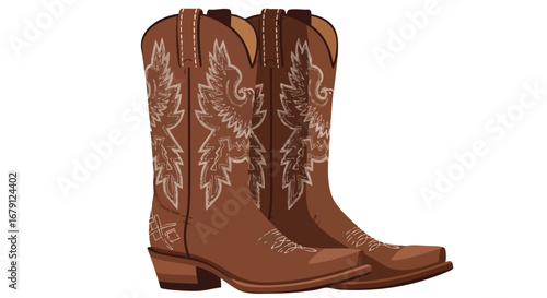Detailed vector illustration of two ornate brown cowboy boots with elaborate stitching pattern and stylized eagle motif design on a solid white