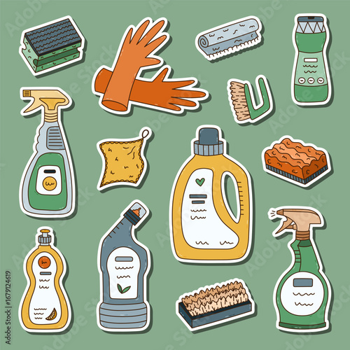 Lovely colored doodle sticker set with washing bottles and supplies for planners, notebooks. Ready for print list of cute stickers of laundry, dishwashing gel, rubber gloves, sponges, rags, dispenser.