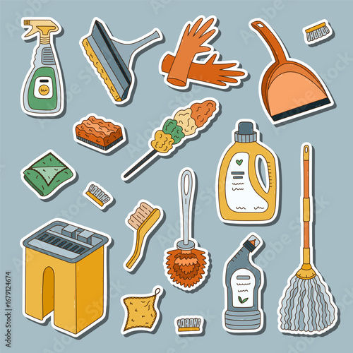 Lovely sticker set with cartoon line doodle of washing tools for cleansing home in trendy warm colors for planners, notebooks. Ready for print list of cute stickers of funny chores devices clipart