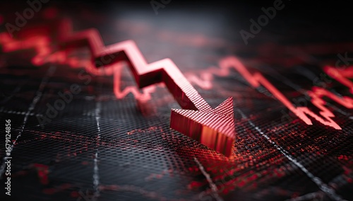 Red downward arrow on a stock market graph indicating financial crisis.