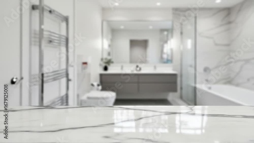 Modern bathroom interior with marble countertop and blurry background