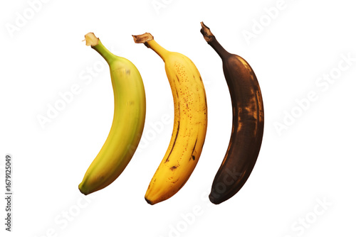 Three bananas in different stages of ripening isolated on transparent background