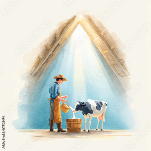 A Farmer Gently Feeds Milk to a Cow in a Rustic Barn Illuminated by Sunlight