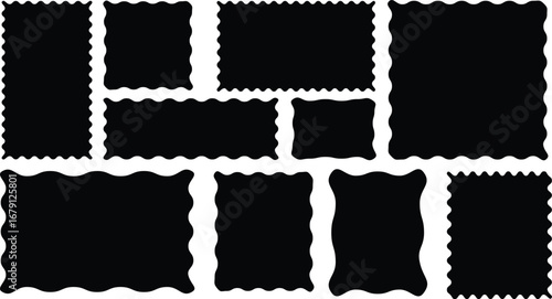 wavy rectangular frames scallop set black. Postage stamp borders. Geometric shapes stickers with zigzag wavy edge. scallop edge shape
