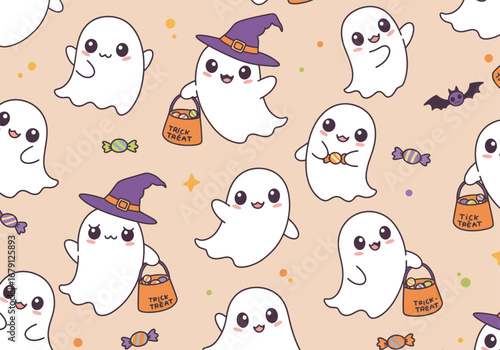 Cute Halloween ghost vector illustration, kawaii cartoon style, pastel background
