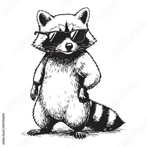 Cool Raccoon Silhouette Black and White Stylized Animal Illustration with Sunglasses and Upright Pose
