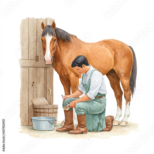 A Farmer Tending to His Horse in a Rustic Stable Setting