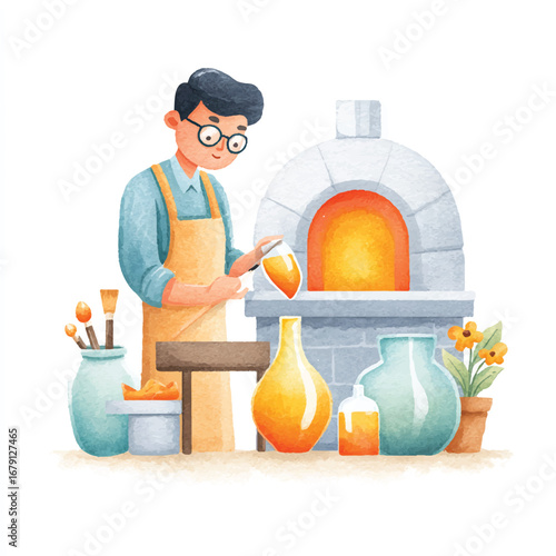 A Glassblower Inspecting a Newly Formed Vase Near a Glowing Furnace