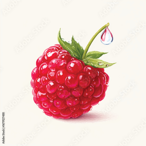 DewKissed Raspberry Watercolor Painting with Stem and Leaves