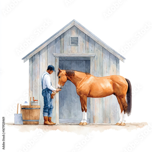 A Man Feeding a Chestnut Horse Near a Weathered Wooden Stable