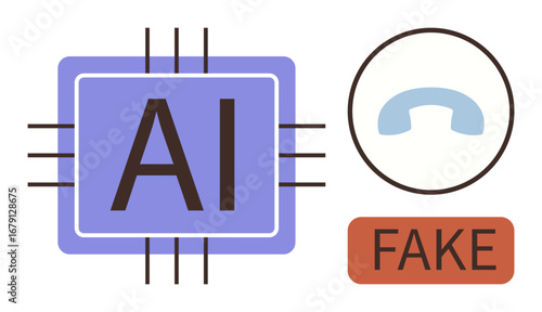 AI chip graphic paired with crossed-out phone symbol and Fake label. Ideal for technology, fraud prevention, communication, cybersecurity, artificial intelligence, fake news, and hoax awareness