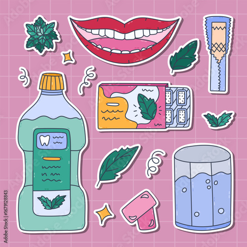 Lovely colored doodle sticker set about oral hygiene, fresh breath and dental care for planners, notebooks. Ready for print list of cute hand drawn of mouthwash, chewing gums, lips with white teeth.