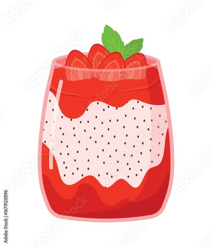 Strawberry chia seeds pudding in jar for sweet dessert food vector illustration