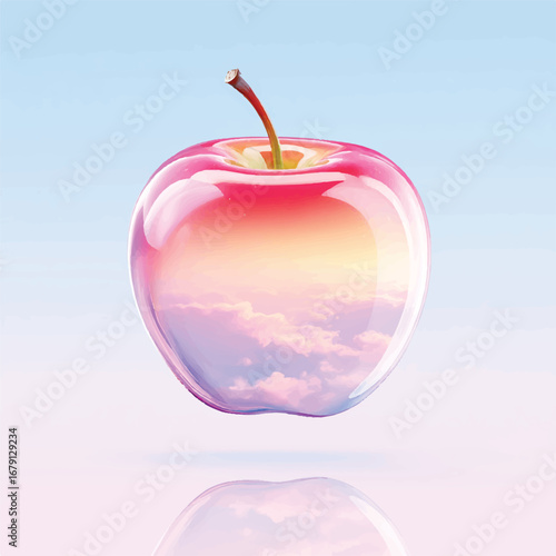 A Transparent Apple with Sky Reflections Floating in Dreamy Light
