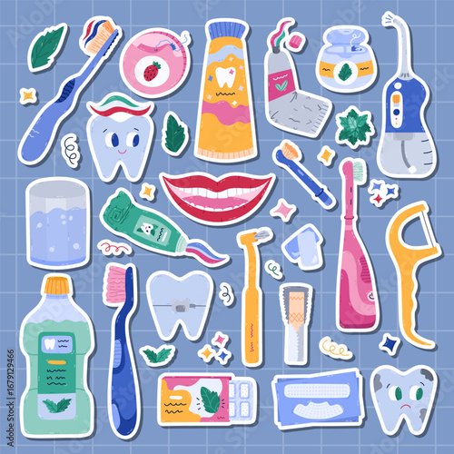 Big cartoon sticker set about dental care and stomatology for planners, notebooks. Ready for print list of lovely hand drawn stickers clipart of cleaning tools, tooth characters, oral care products.