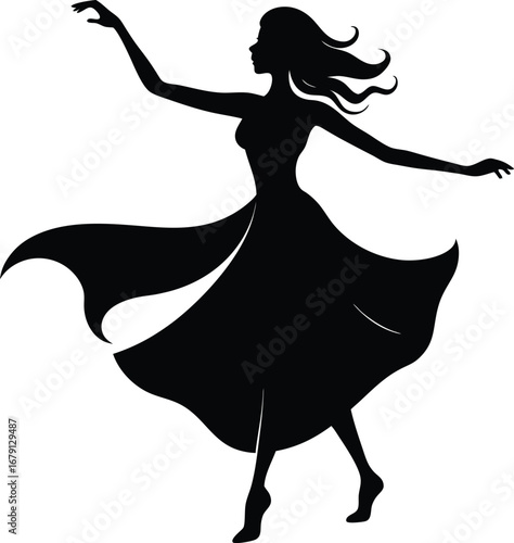 Elegant silhouette of a woman dancing with a flowing dress