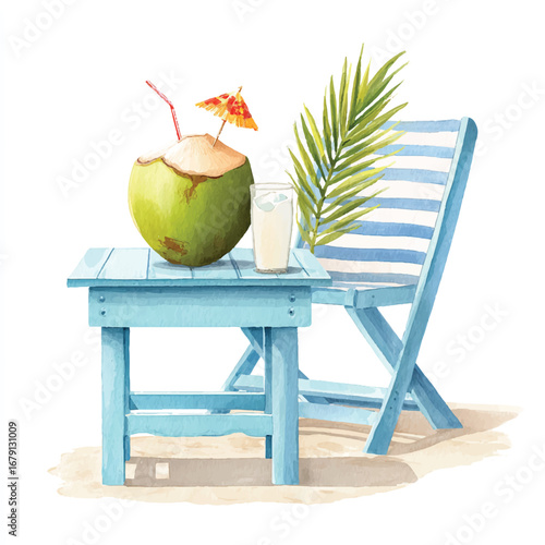Beachside Still Life Coconut Drink Glass Palm Frond and Striped Blue Chair