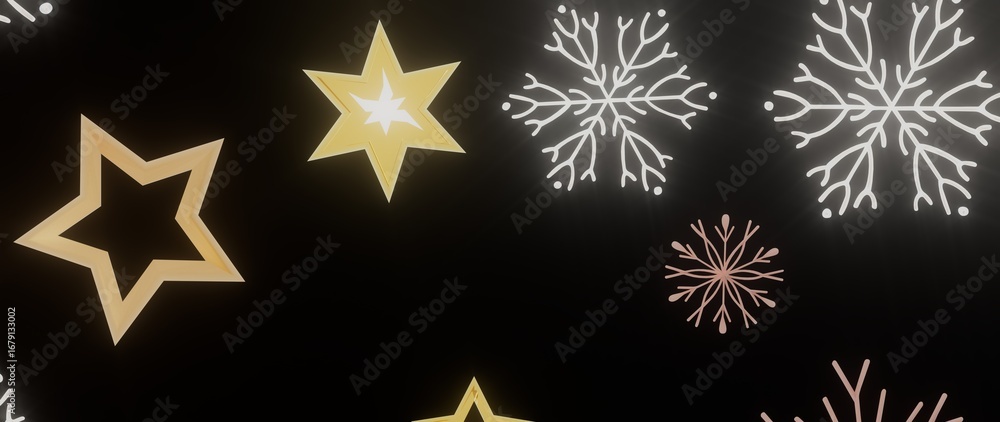 Obraz premium Festive background with golden stars and snowflakes on black. Perfect for Christmas, New Year, winter holidays.