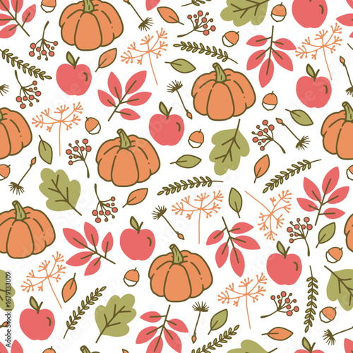 Rustic Fall Cozy Thanksgiving Botany Pattern. The essence of the fall harvest season. Perfect for seasonal wrapping paper, fabric, wallpapers, or Thanksgiving-themed projects.