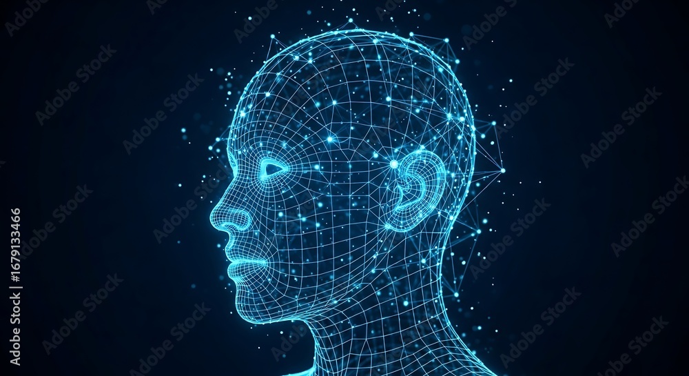 Obraz premium Futuristic digital human head with circuits and data flow representing artificial intelligence and technology