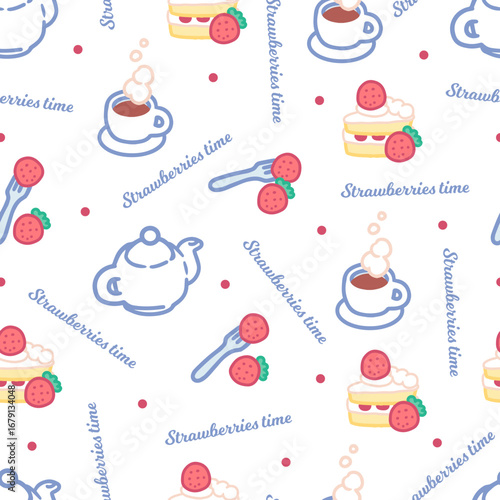 Cute Sweet Tea and Strawberry Dessert Time Pattern. Perfect for dessert packaging, cafe themes, and sweet food design.