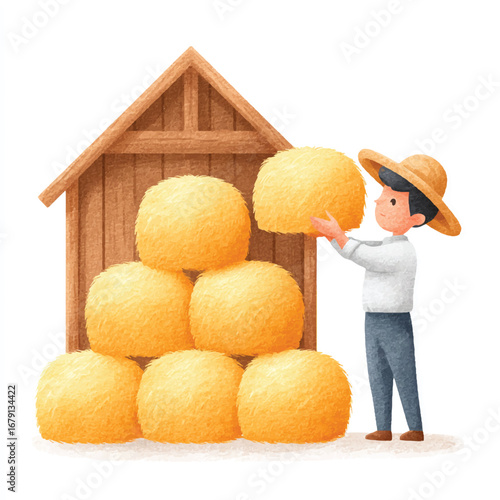 Cartoon farmer stacking golden hay bales in front of a wooden barn