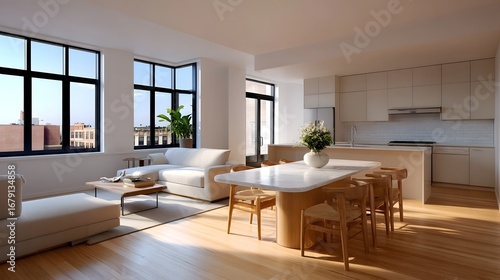 Spacious apartment featuring a harmonious open-concept living, dining, and kitchen area with abundant natural light, minimalist furnishings, and a cozy, inviting atmosphere.