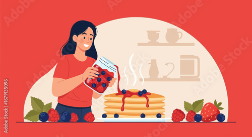 Woman Prepares Morning Meal with Fresh Berries and Pancakes in Colorful Illustration
