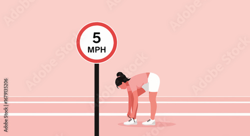 Woman Prepares To Run At A Slow Speed Limit Near Road Sign For Exercise