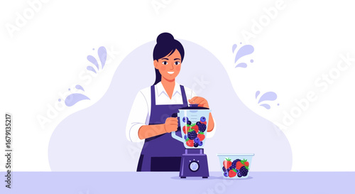 Woman Preparing a Berry Smoothie with a Blender for a Healthy Beverage Illustration