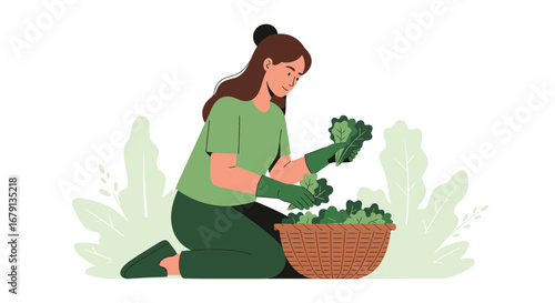 Woman Harvesting Fresh Greens in a Wicker Basket, Gardening for Healthy Lifestyle