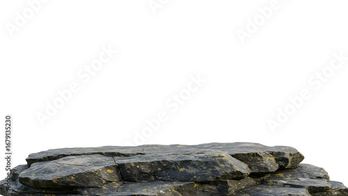 A detailed view of an isolated rock ledge. The rough surface of the rock is prominently displayed transparent background