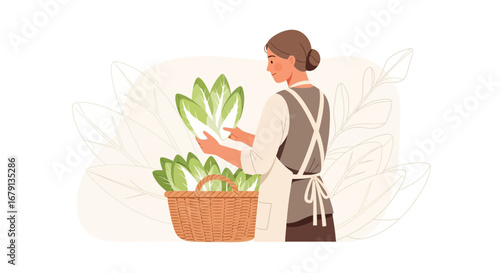 Woman Harvesting Fresh Lettuce From a Woven Basket in a Harmonious Illustration