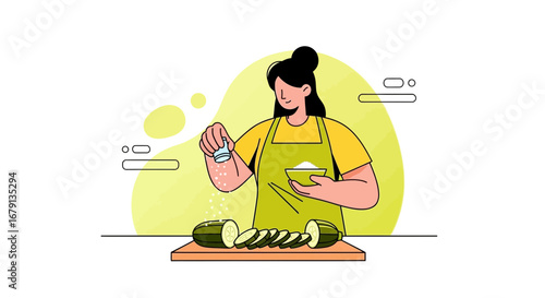 Woman Preparing A Dish Of Cucumbers In Kitchen And Seasoning Food For Cooking